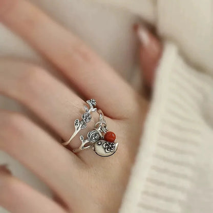 XIYANIK Vintage Red Bead Rose Flower Vine Bird Adjustable Finger Ring For Women Fashion New Jewelry Gift Party Wholesale anillos