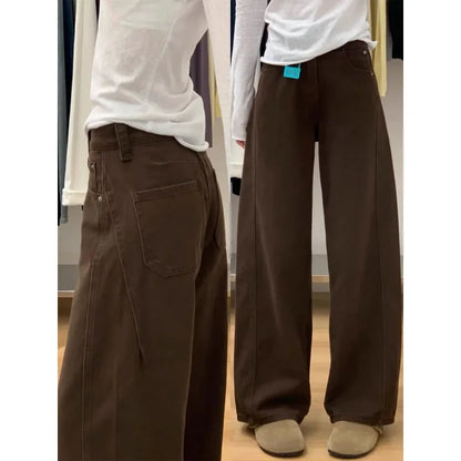 Maillard Brown Straight Leg Jeans for Women 2025 Autumn Winter Loose Fit Pear Shape Curved Wide Leg Pants