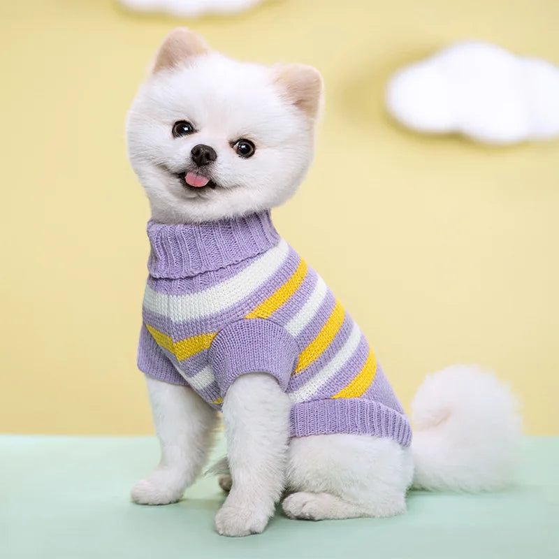 Pet Knit Sweater Autumn Winter Warm Elastic Turtleneck Two Leg Dog Cat Clothing Multi Color Striped Pattern Pet Apparel