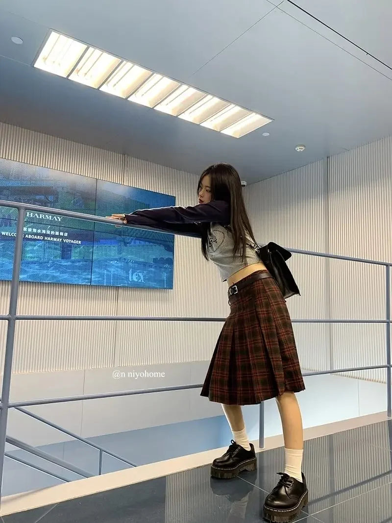 Low Waist Pleated Skirts Women Plaid Knee-length Autumn Korean Fashion Preppy Style All-match Casual Students Vintage Literary