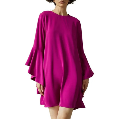 2024 Spring Autumn Fashion Solid Mini Dress New Elegant Women's Round Neck Ruffled Sleeves Loose Casual Office Lady Dresses Robe