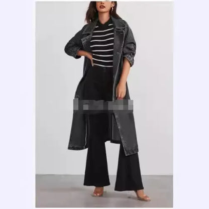 Denim Windbreaker for Women 2025 Washed Long Jackets Pockets Lace Up Lapel Double Breasted Trench Coat Casual Female Outerwear