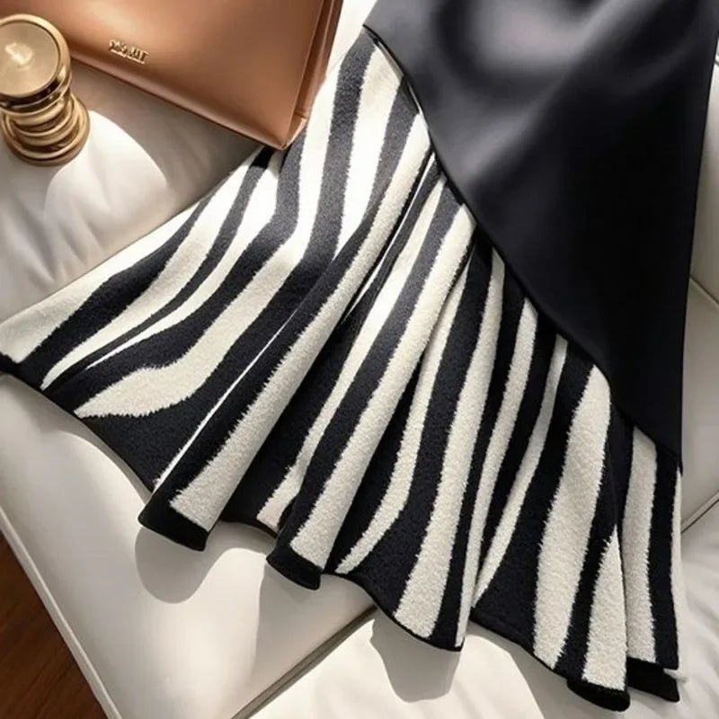 Irregualr Design Waistband Wrapped Hip Slim Mermaid Skirt Women's 2025 Spring New Tide Striped Patchwork Half Long Skirt