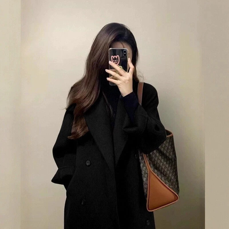 Grey Double-sided Cashmere Coat Women's 2025 Winter New Korean version Loose Thick Down Woolen Coats Solid Casual Long Overcoat