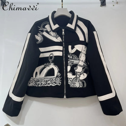 2025 Autumn American Retro Fashion Embroidery Patchwork Motorcycle Jackets Long Sleeve Zipper Loose Versatile Short Jacket Women
