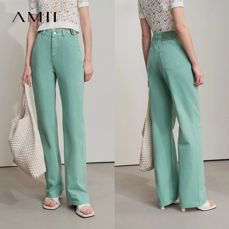 AMII Minimalist Women's Jeans 2025 Autumn New Versatile Retro Straight-leg Pants Solid Color Cotton Commuter Trousers 12542023