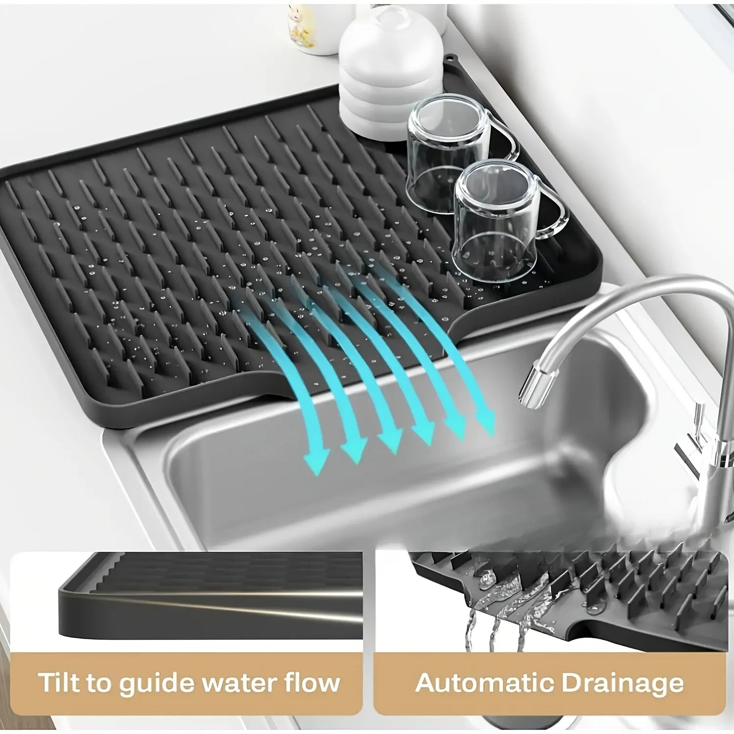 Kitchen Silicone Drain Mat with Built-in Drainage Design, Easy to Clean, Suitable for Countertops, Sinks, Refrigerators