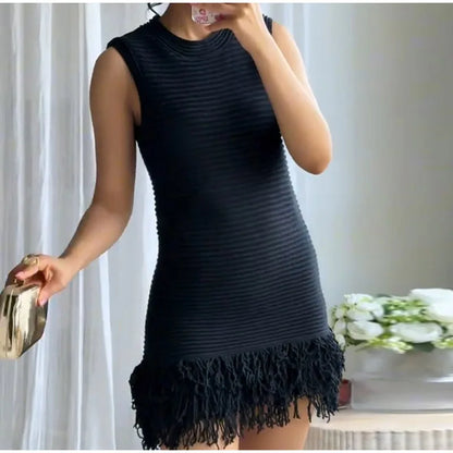 Elegant Women's Black Sleeveless Ribbed Knit Mini Dress Summer New Fringe Hem Bodycon Fit Dresses Casual Party Night Outfit