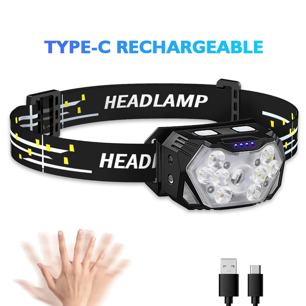 9 Led Strong Light Headlamp USB Rechageable Motion Sensor Headlight Portable Fishing Camping Outdoor Head Lamp Work Flashlight