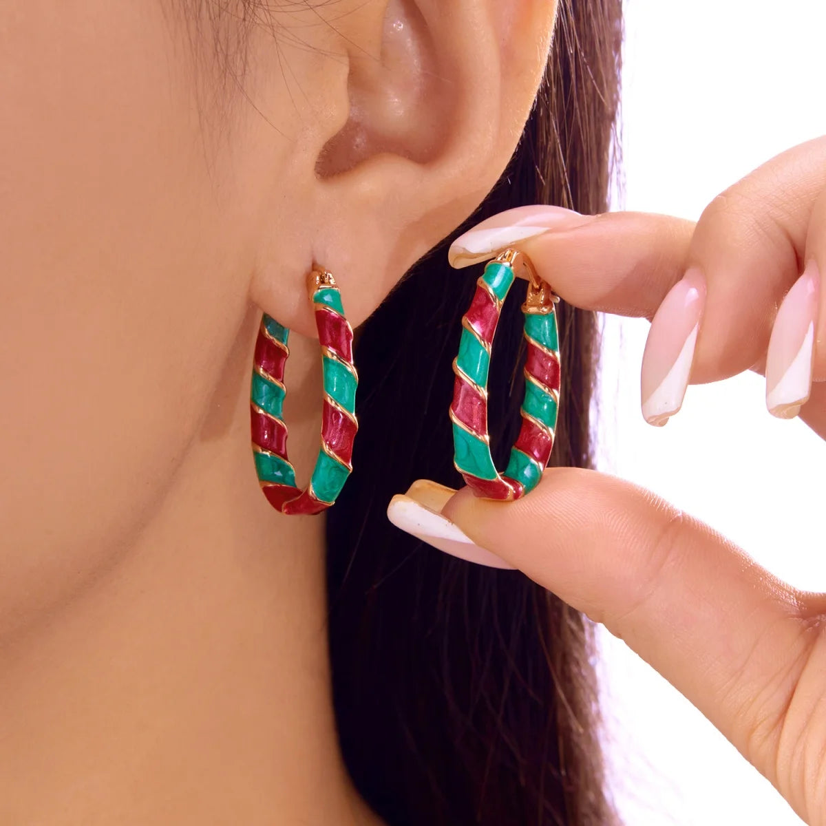 Christmas Red Green White Sequins Stripe Twisted Round Drop Earrings Circle Hoop Earring For Women Men Festive Holiday Jewelry
