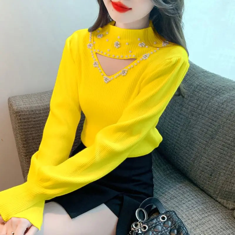 Autumn Winter Fashion Embroidered Flares Solid Color Half Height Collar Pullovers Ladies Fashionable Hollow Out Knitting Sweater