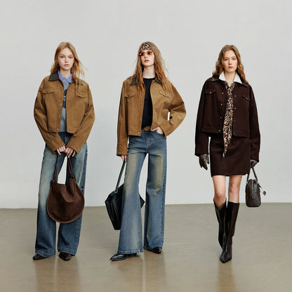 TOYOUTH Women Jacket 2025 Autumn New Collection Lulu style Retro Corduroy Splicing Collar Loose Short Coat