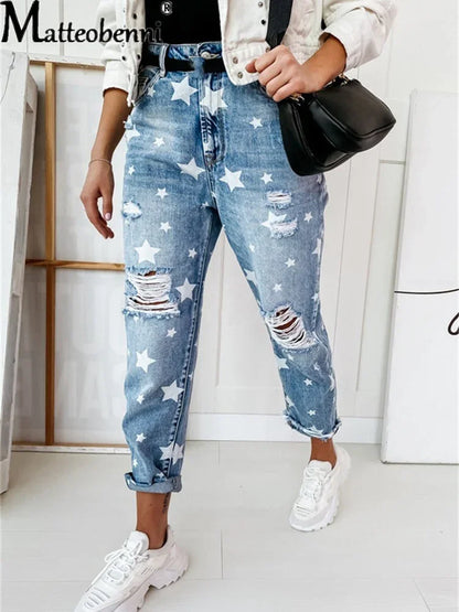 New Autumn Boyfriend Jeans Woman Slim Hole Jeans For Ladies With Five-Pointed Star Ripped Jeans Street Casual Blue Denim Pants