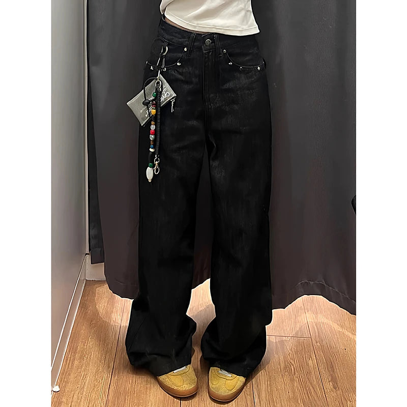 Black Autumn 2025 Blue Jeans Women Y2K Vintage High Waisted Jeans Straight Streetwear Loose Large Wide Leg Denim Pants
