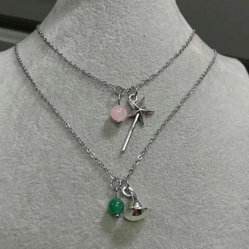 Wicked Necklace Glinda Rose Quartz Wand Necklace Elphaba Aventurine Hat Necklace Natural Gemstone Crystal Charm Necklace