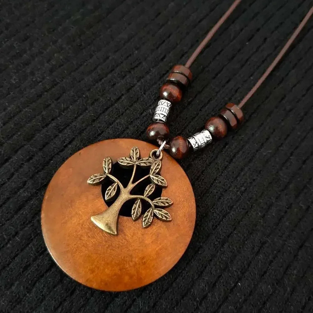 Retro Ethnic Round Wooden Leaf Owl Long Sweater Chain Necklace Women Vintage Clock Pendant Female Jewelry Neck Accessories Gifts