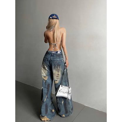 Women Ripped Blue Y2k Jeans Harajuku Streetwear Denim Trousers Aesthetic Jean Pants Vintage Japanese 2000s Style Trashy Clothes