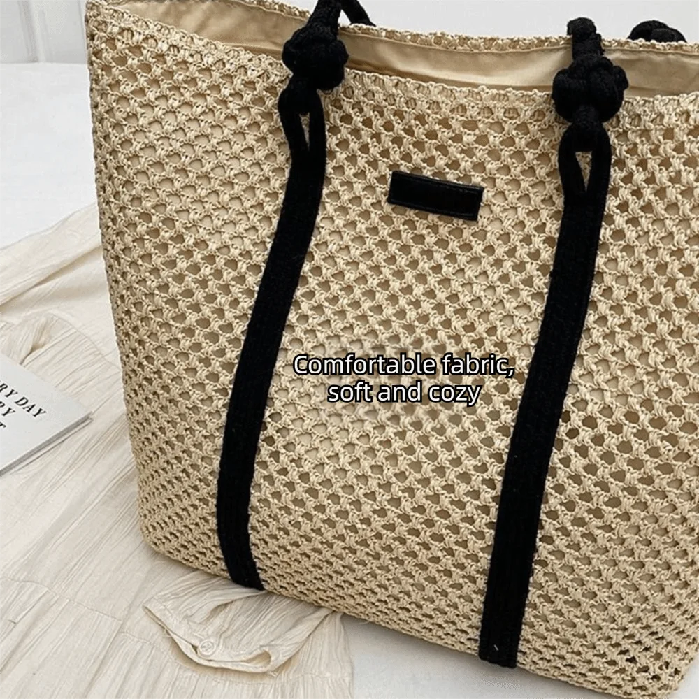 Handmade Straw Woven Bags Large Capacity Zipper Closure Shopping Tote Bag Top-Handle Portable Beach Handbags Travel