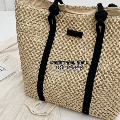 Handmade Straw Woven Bags Large Capacity Zipper Closure Shopping Tote Bag Top-Handle Portable Beach Handbags Travel