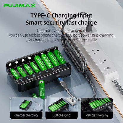 PUJIMAX 2/4/8-slot Battery Charger for 1.5V AAA/AA Li-on Rechargeable Battery Short Circuit Protection LED Display USB Charger