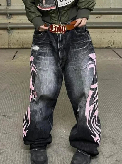 Y2k Vintage Gothic Punk Jeans Women Harajuku Print Grunge Baggy Denim Trousers Punk Hip Hop Black Streetwear Wide Leg Jeans
