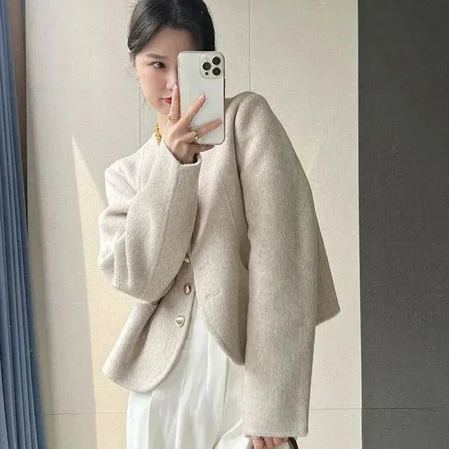 Women's New Round Neck Single-breasted Double-sided Tweed Coat Fashionable Casual and Versatile Elegant Top