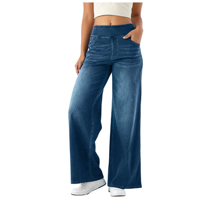 Baggy Ladies Wide Leg Trousers With Elastic Waistband High Waist Stretch Vertical Tube Trousers Stylish Womens' Casual Pants