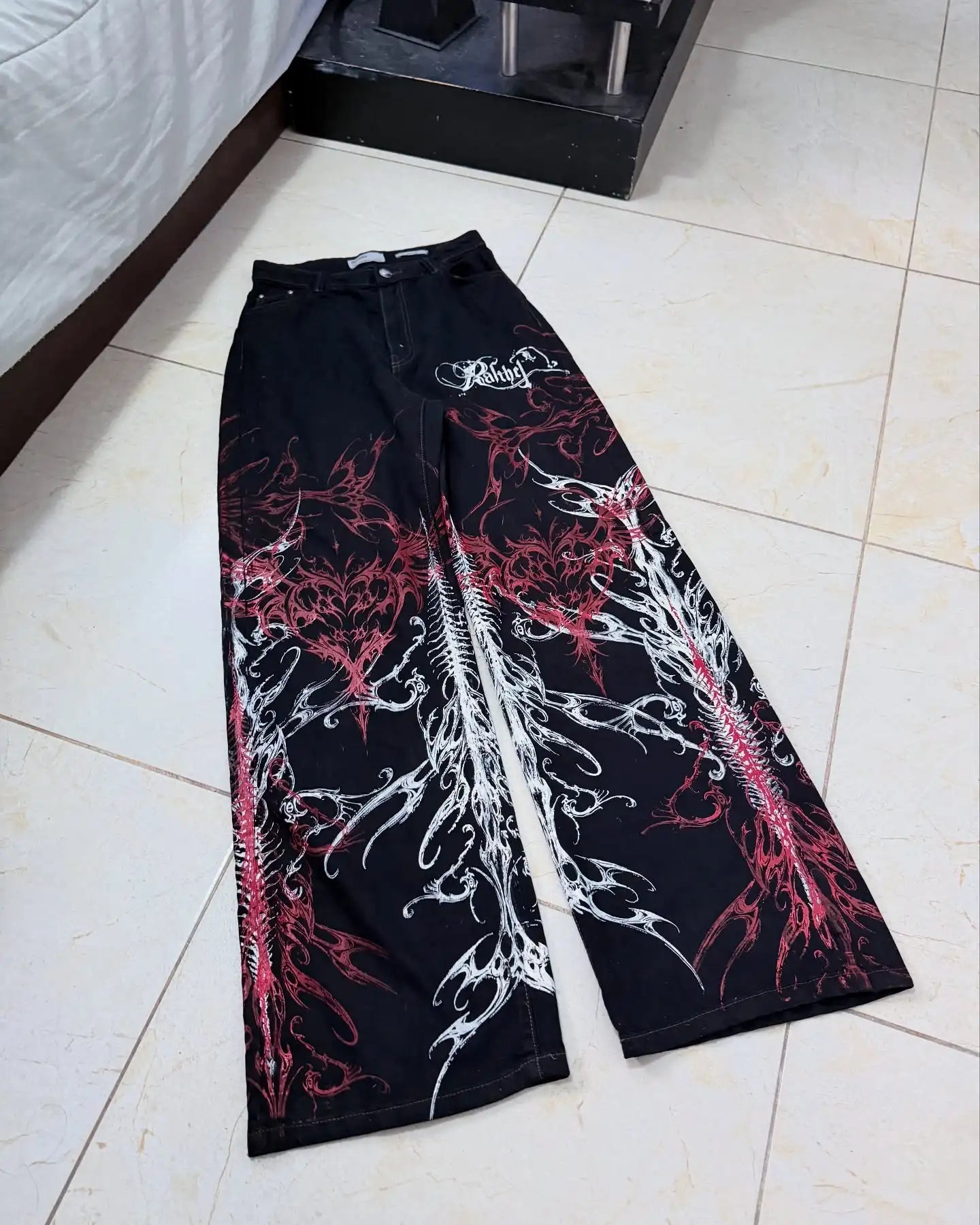 New Cyberpunk Jeans Mens American Y2K Red Graphic Street Goth Baggy Wide-Leg Pants Harajuku Hip-Hop Straight Pants