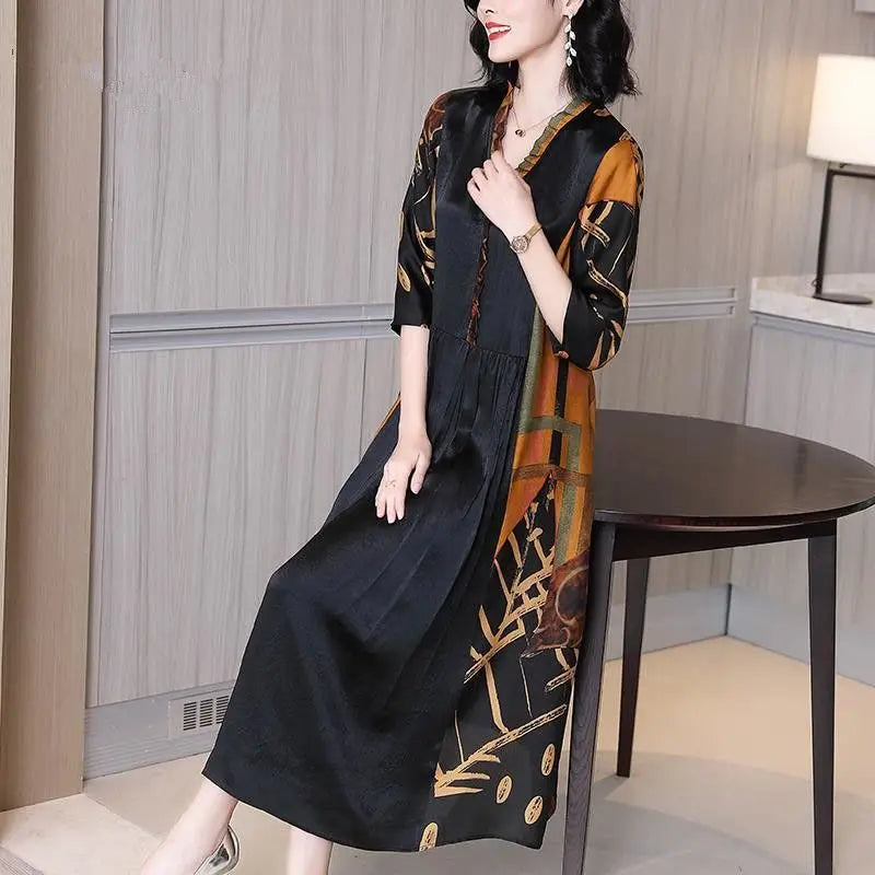 Vintage Printed Spliced A-Line Long Dress Spring Summer Casual V-Neck Women's Clothing Commute Half Sleeve Waist Loose Dresses