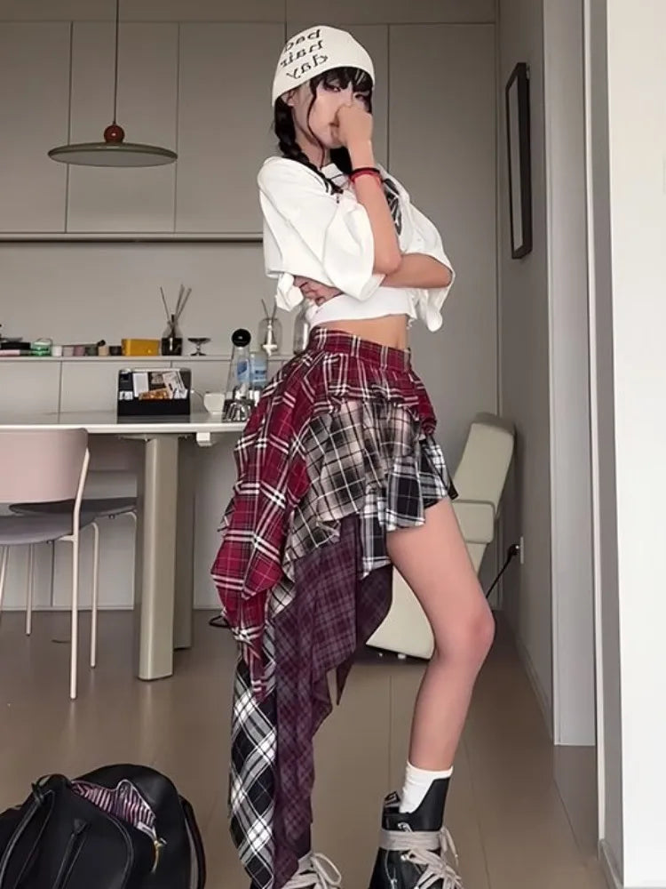 Y2K Women's Skirt Irregular Plaid Patchwork Large Size Summer Spice Girl Design A-line Skirt Trendy Pleated Streetwear Harajuku