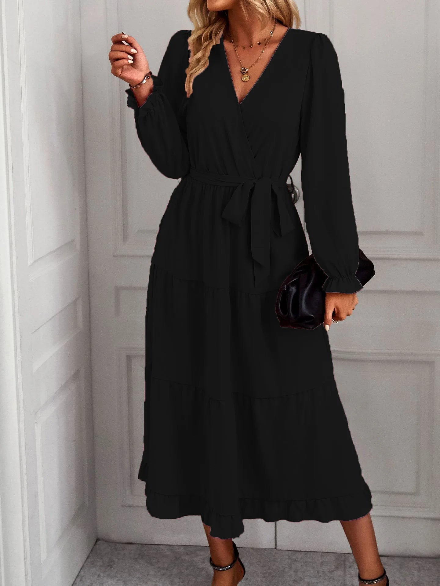 Women's Long Puff Sleeve V Neck Casual Dress Autumn New Fashion Long Sleeve Dress Elegant Fashion Spring Summer Streetwear