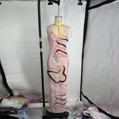 Fashion Mesh Print Long Dress For Women O-neck Sleeveless Hip Package Transparent Slim Robes 2025 Summer Female Beach Dresses