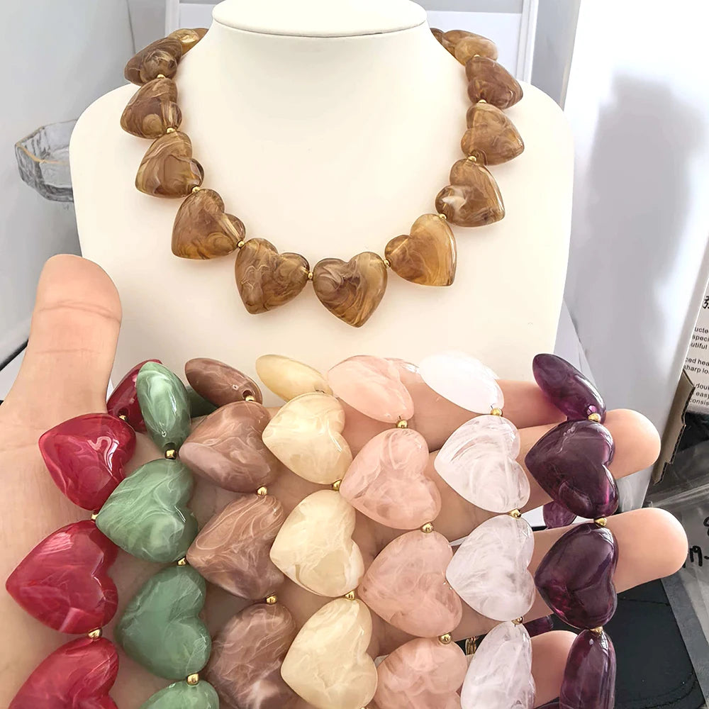 Big Love Heart Necklace Women Choker Statement Bracelet Gold Color Acrylic Beads Stainless Steel PVD Waterproof White Beige Red