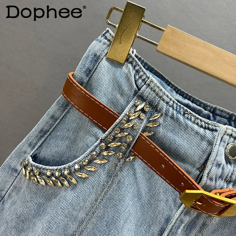 Hot Diamond Harem Jeans Women's 2022 New Summer Sexy Hollow Out High Waist Loose Slimming Denim Trousers Female Blue Baggy Pants