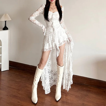 Goth Dark Fairycore Lace Flare Sleeve Square Neck A-line Dress Sweet E-girl Irregular Long Hem Dresses Cyber Y2K Party Vestido