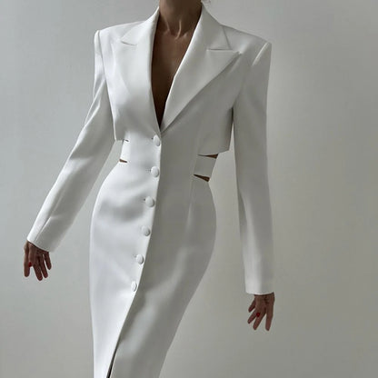 VGH High Street Hollow Out Tunic Dresses for Women Notched Collar Long Sleeve High Waist Spliced Button Temperament Dress Female