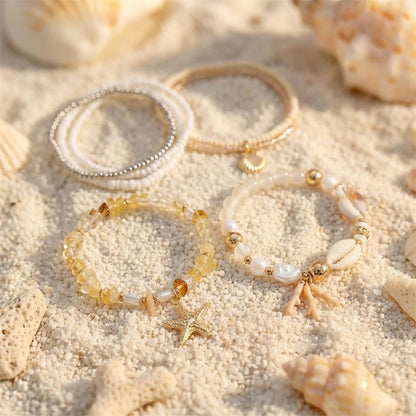Cute Coral Starfish Shell Multi-Layer Bracelet for Women Ocean Series Fashion Stackable Beaded Jewelry Accessories