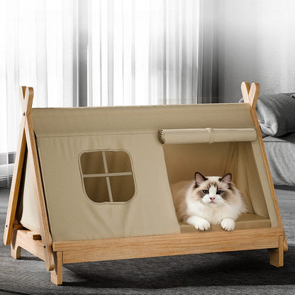 Cat Bed with Window Wooden Cat Tent Bed Elevated Pet House Dogs Bed with Stable Frame Pet Supplies Safe Comfortable Cat Bed