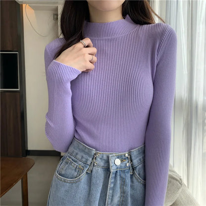 2026 Autumn Basic Bottoming Sweater Top Women Ribbed Soft Mock Neck Elastic Pullover Warm Solid Color Slim Jumper