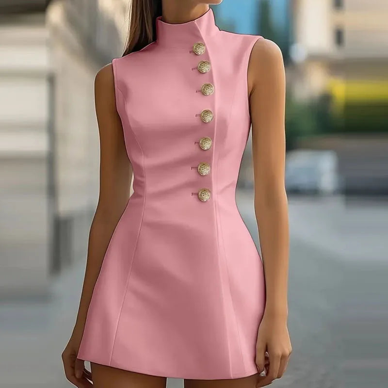 Elegant Stand Collar Commutr Blazer Dress Women's Fashion Single-breasted Solid Mini Dress Casual Long Sleeve Slim Party Dresses