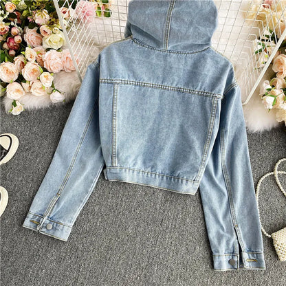 High Waist ort Loose Women's Denim Jaet with Long Sves And Hood in Autumn Winter New Sle Slimming Versatile Jaet