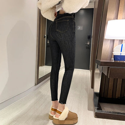 Slimming High Waist Elastic Design Chic Autumn Winter Women's Jeans Skinnypants French Sle Pure Color Spring Autumn Suitable