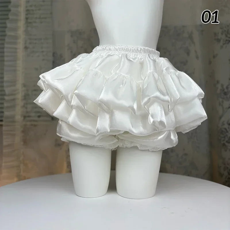 Sweet Elastic Waist Short Skirt Chic Ruffle Cake Princess Satin Puffy Skirt