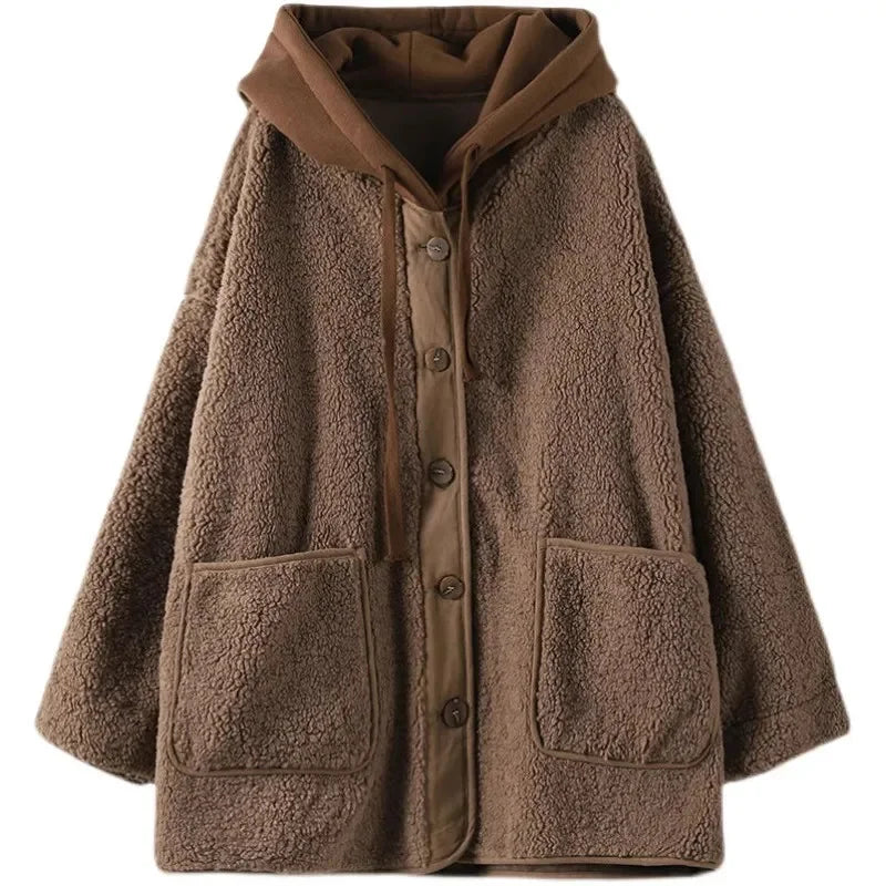 Fashion Lamb Plush Hooded Coat Women New 2024 Autumn Winter Mid-Long Thick Pocket Coats Loose Large Size Overcoat Outerwears