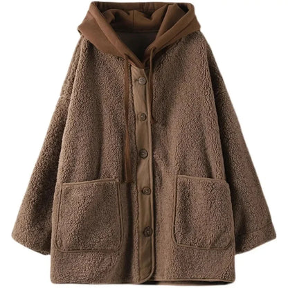 Fashion Lamb Plush Hooded Coat Women New 2024 Autumn Winter Mid-Long Thick Pocket Coats Loose Large Size Overcoat Outerwears