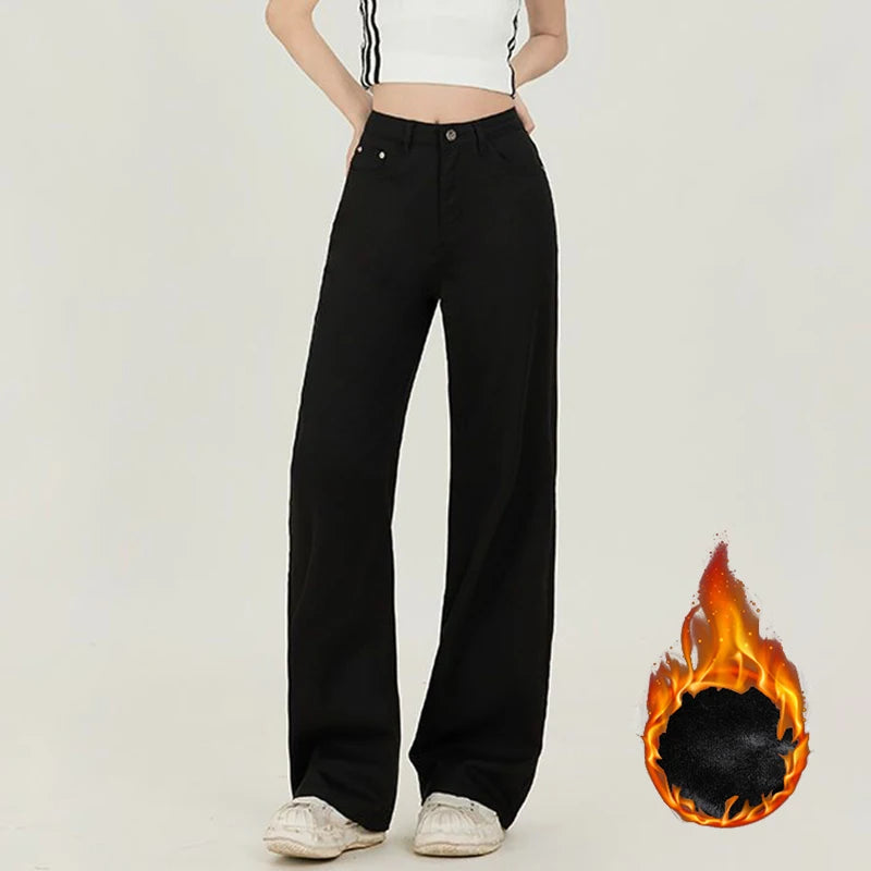 Winter Girls Thermal Fleece High Waist Jeans Lady Snow Warm Plush Denim Pants Women Classic Fashion Straight Leg Trousers