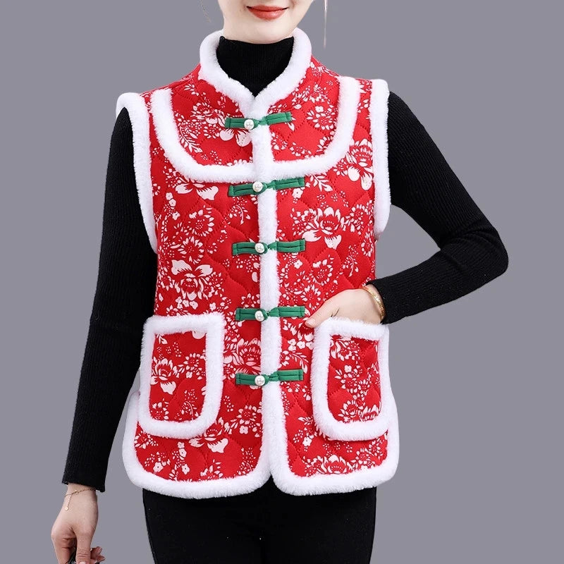 5XL Middle-aged Mother Vest Autumn Winter New Printed Fleece Vest Coat Female Sleeveless Jacket Grandma Thicken Warm Waistcoat