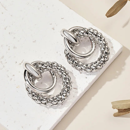 Women Earrings Big Shiny Double Rings Ear Studs Cool Round Metal Eardrop Self-confident Beauty Fashion Jewelry Accessory