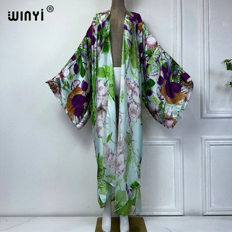 2024 WINYI Summer print Beach Wear Swim Suit elegant Africa women boho Cardigan sexy Holiday long Sleeve Kimono fashion abaya