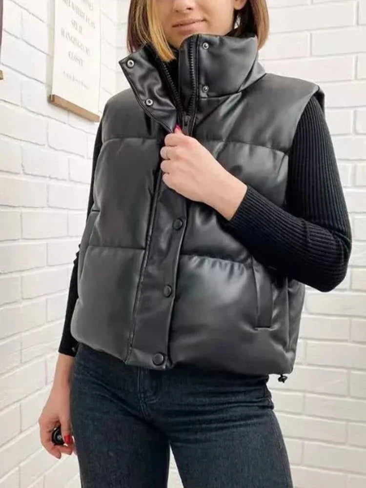 Autumn Winter PU Leather Coat Women Black Stand Collar Vests Women Fashion Zipper Elegant Short Vests Female Ladies